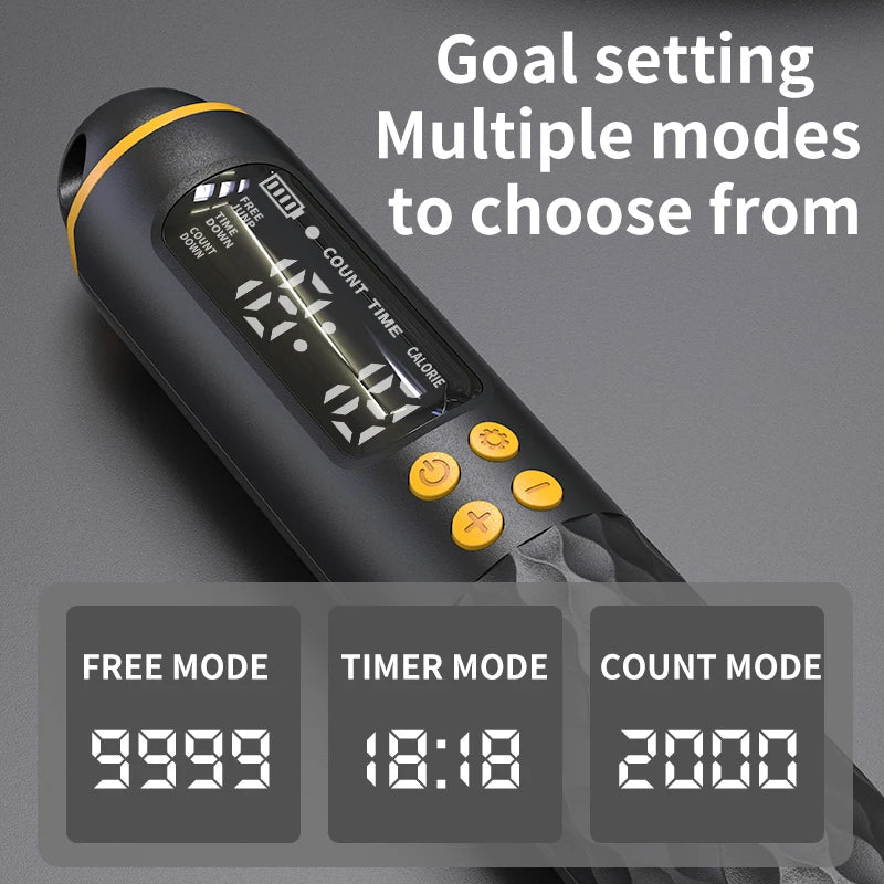 Rechargeable digital jump rope with adjustable wire and calorie counter.