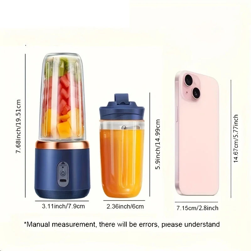 A portable USB-rechargeable personal blender with six blades and two travel cups for making fresh juice and smoothies.