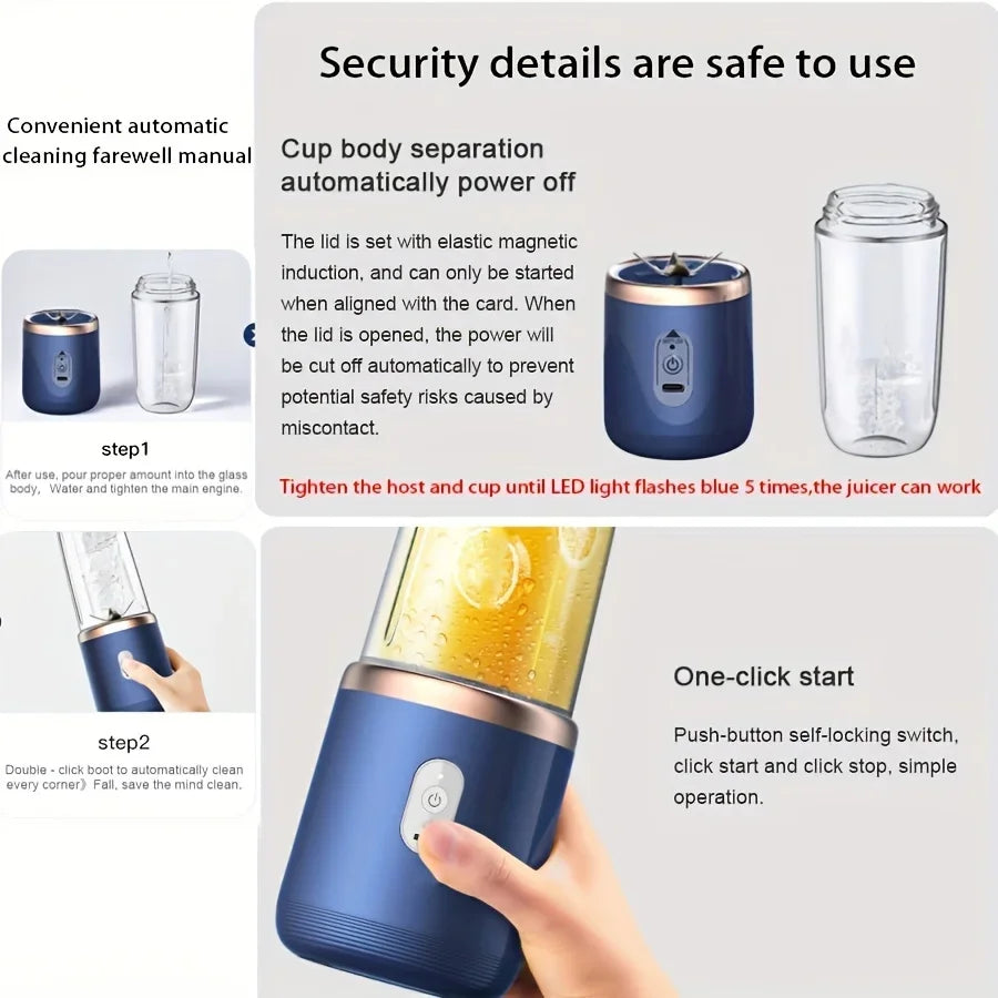 A portable USB-rechargeable personal blender with six blades and two travel cups for making fresh juice and smoothies.