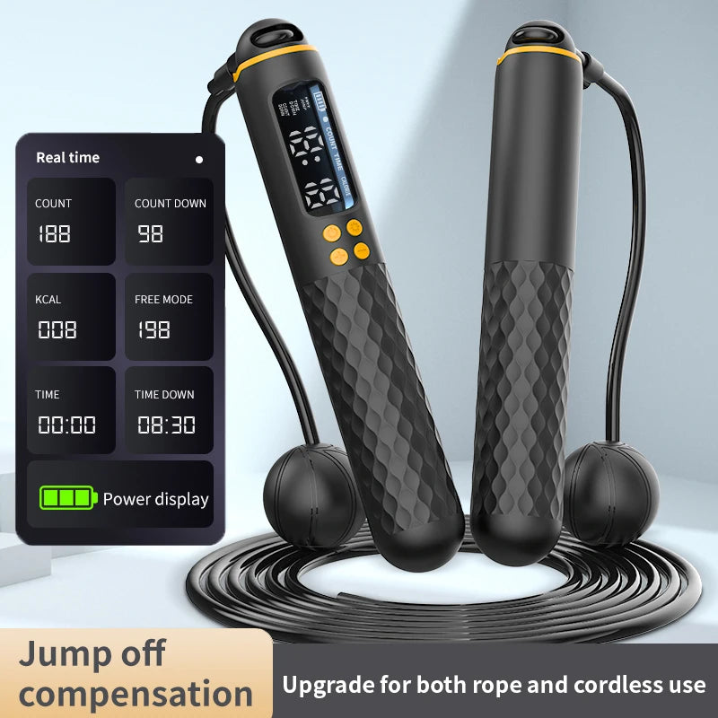 Rechargeable digital jump rope with adjustable wire and calorie counter.