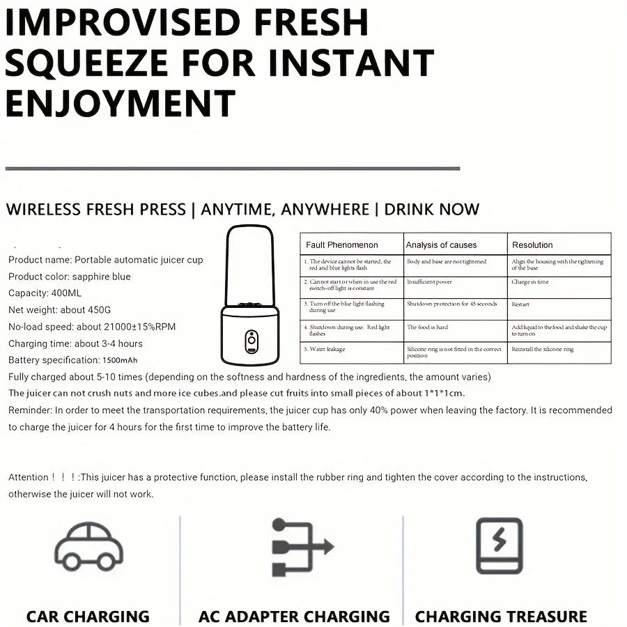 A portable USB-rechargeable personal blender with six blades and two travel cups for making fresh juice and smoothies.