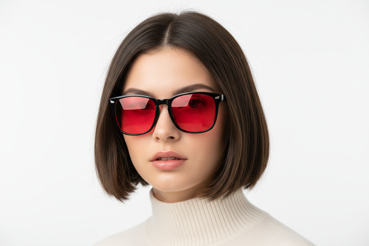 Red-tinted anti–blue light glasses designed to improve sleep for men and women.