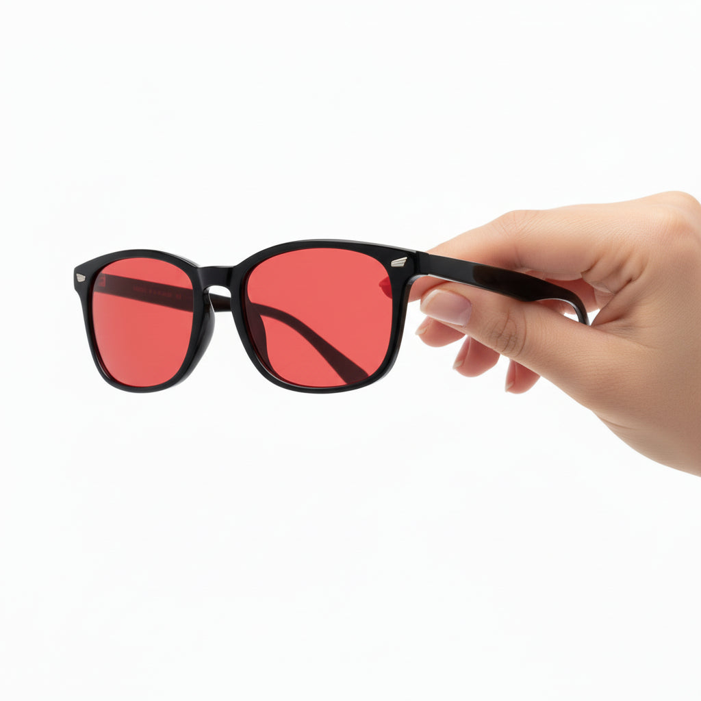 Red-tinted anti–blue light glasses designed to improve sleep for men and women.