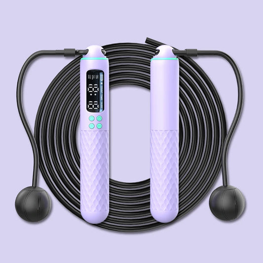 Rechargeable digital jump rope with adjustable wire and calorie counter.