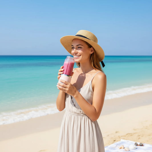 A portable USB-rechargeable personal blender with six blades and two travel cups for making fresh juice and smoothies.