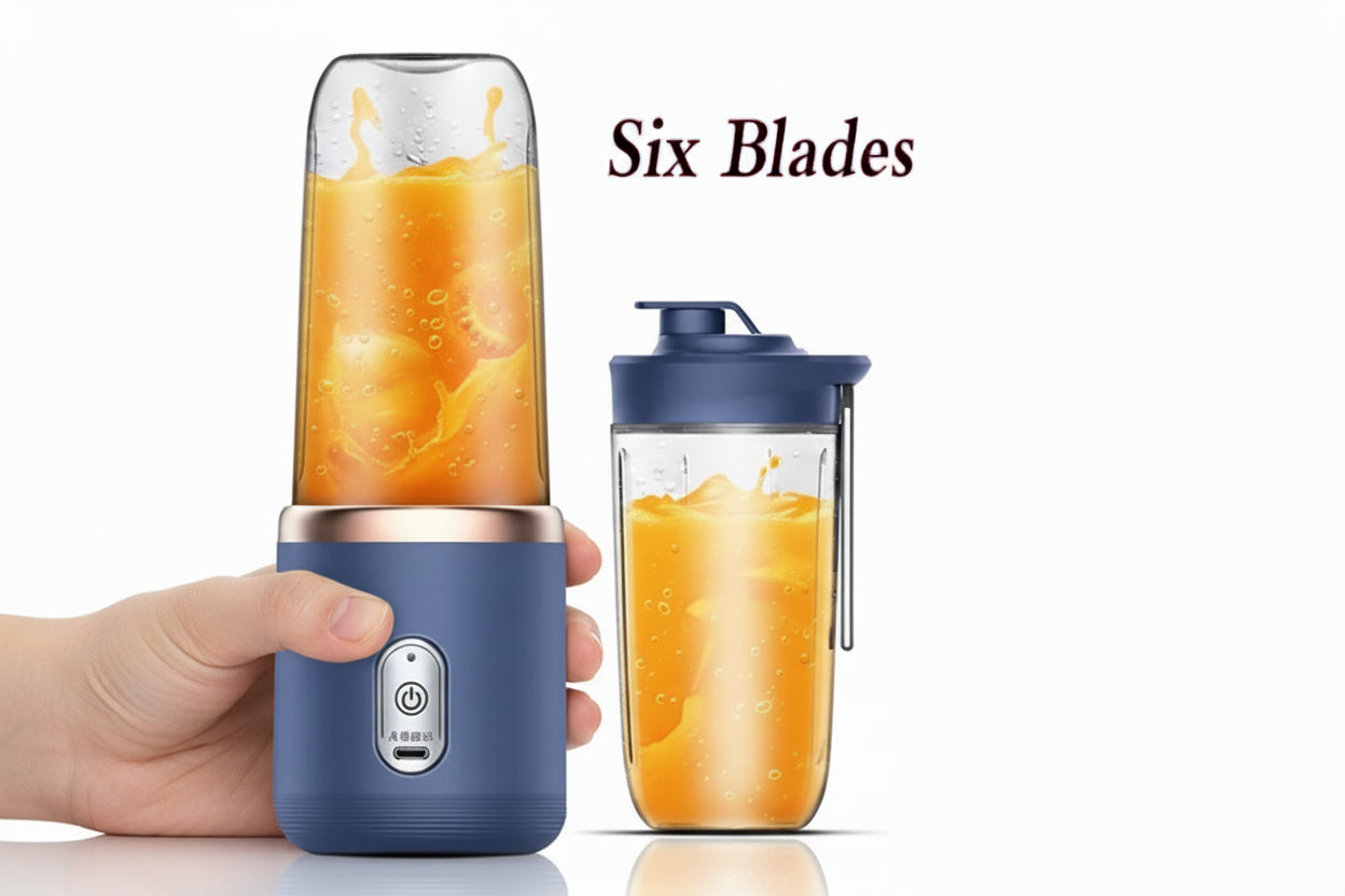 A portable USB-rechargeable personal blender with six blades and two travel cups for making fresh juice and smoothies.