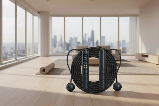 Rechargeable digital jump rope with adjustable wire and calorie counter.