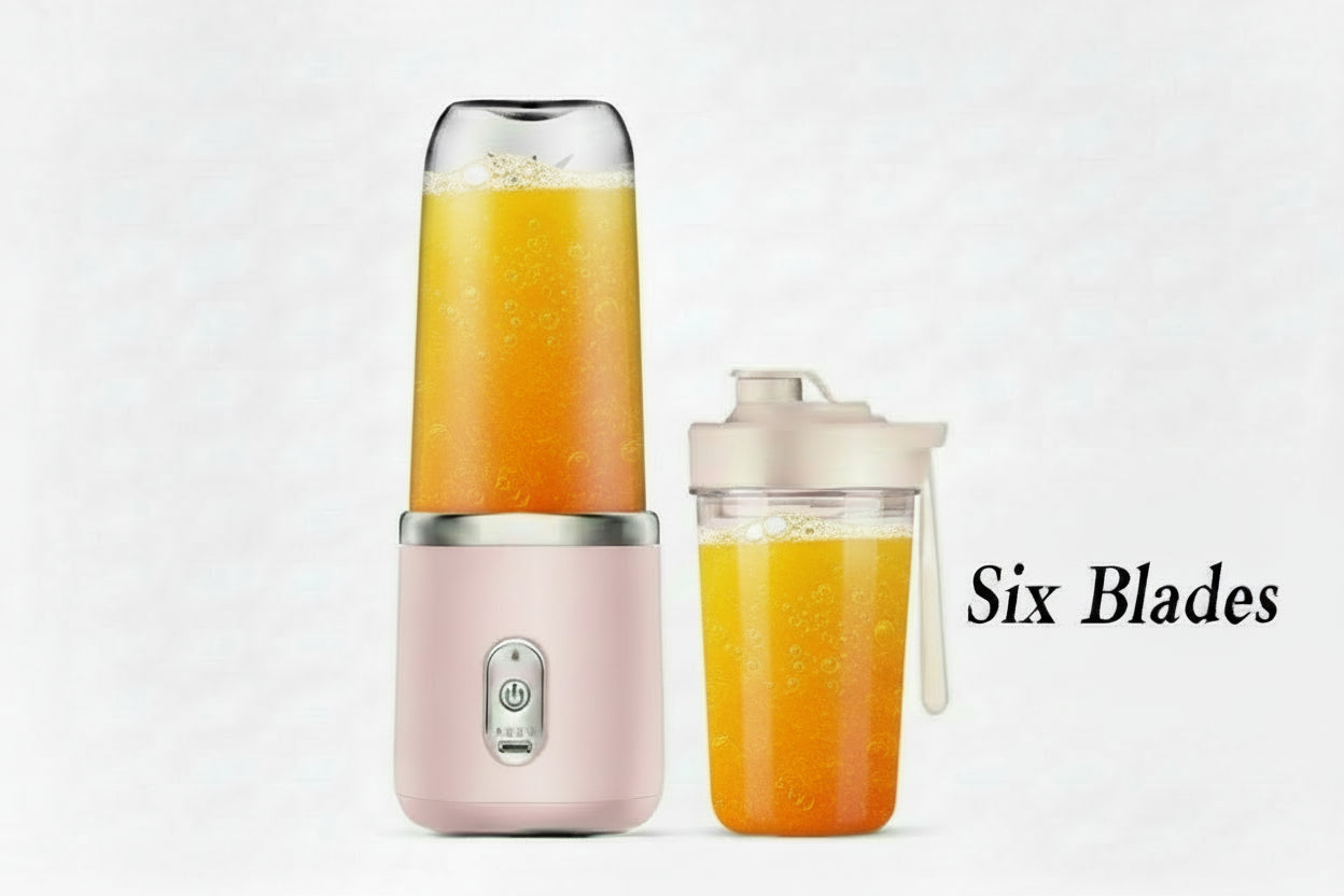 A portable USB-rechargeable personal blender with six blades and two travel cups for making fresh juice and smoothies.