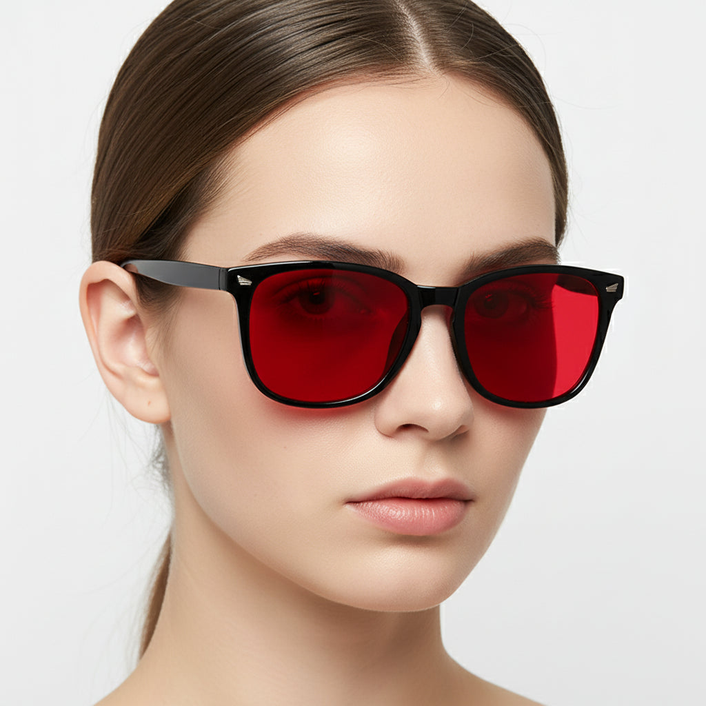 Red-tinted anti–blue light glasses designed to improve sleep for men and women.